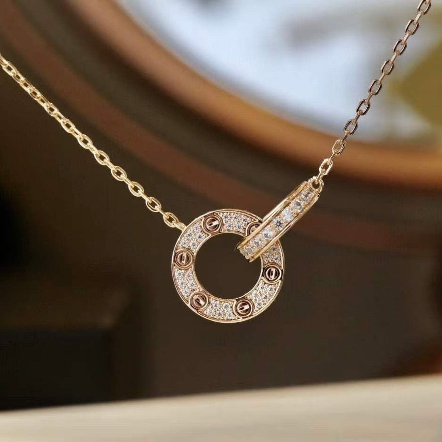 [Shinejoy]LOVE 7.6MM NECKLACE ROSE GOLD AND SILVER  FULL DIAMOND