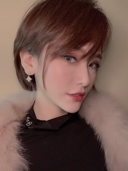 [Shinejoy]DOUBLE STAR PINK GOLD MOP DROP EARRINGS