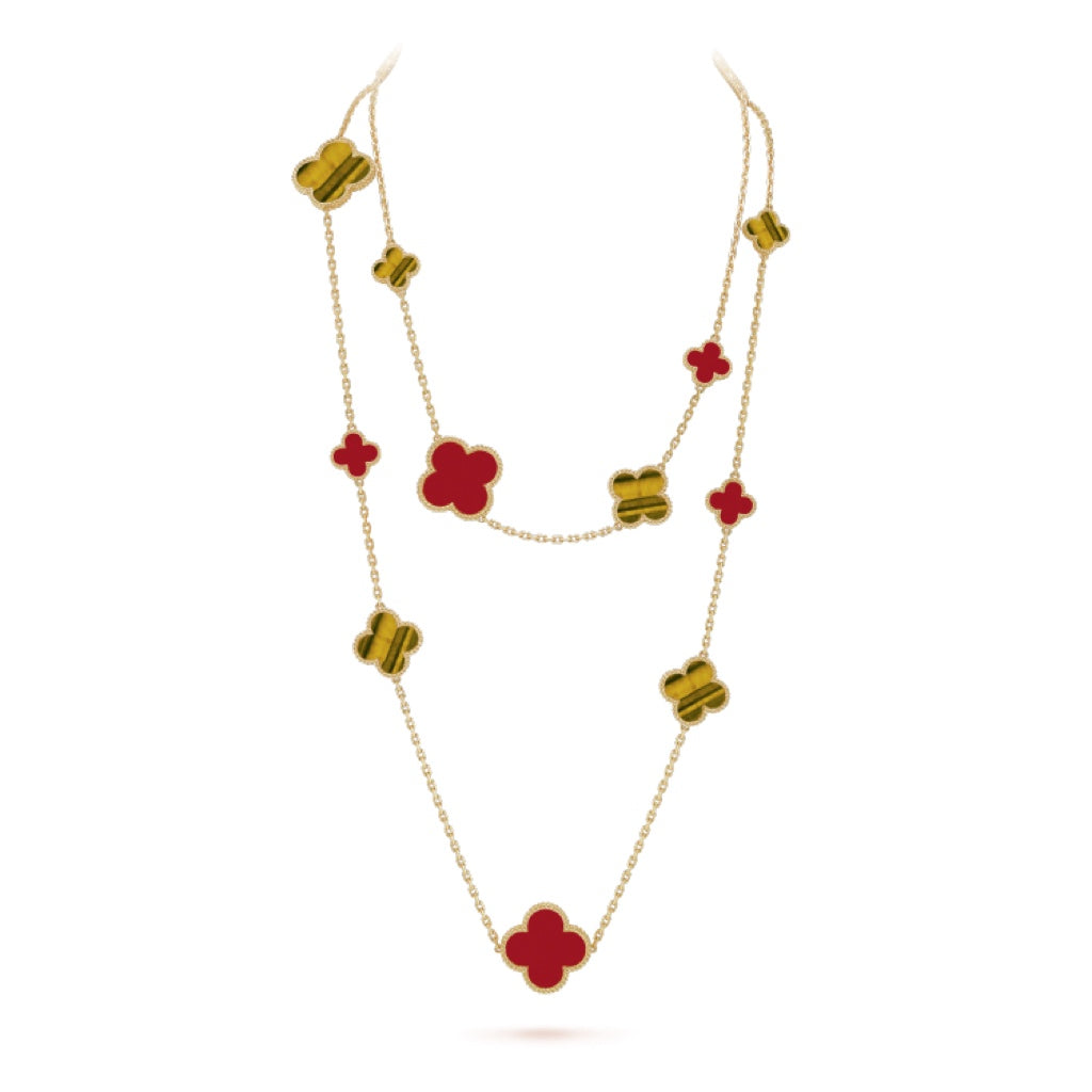 [Shinejoy]CLOVER 16 MOTIF CARNELIAN TIGER EYE ROSE GOLD NECKLACE