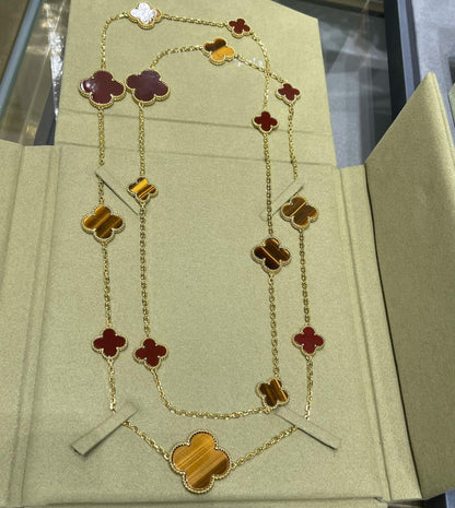 [Shinejoy]CLOVER 16 MOTIF CARNELIAN TIGER EYE ROSE GOLD NECKLACE