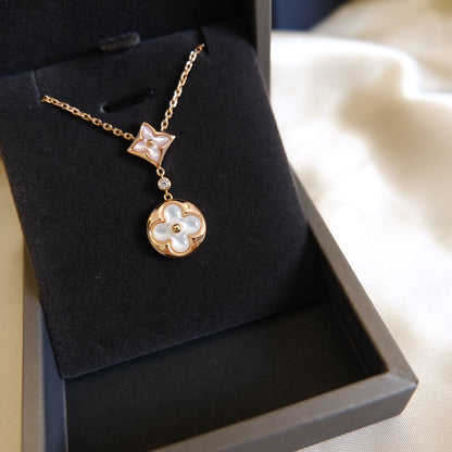 [Shinejoy]STAR AND SUN WHITE MOP 2 MOTIF PINK GOLD NECKLACE