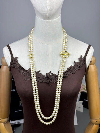[Shinejoy]25K Pencil Double C Double-Layer Pearl Sweater Chain