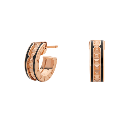 [Shinejoy]ZERO 1 ROCK PINK GOLD EARRINGS WITH STUDDED SPIRAL AND BLACK CERAMIC
