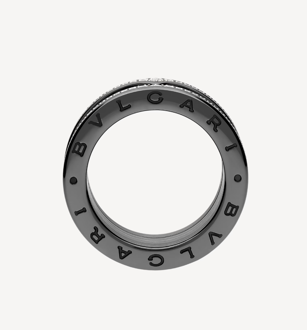 [Shinejoy]ZERO 1 ROCK FOUR-BAND BLACK CERAMIC WITH STUDDED SPIRAL AND PAVED DIAMONDS RING