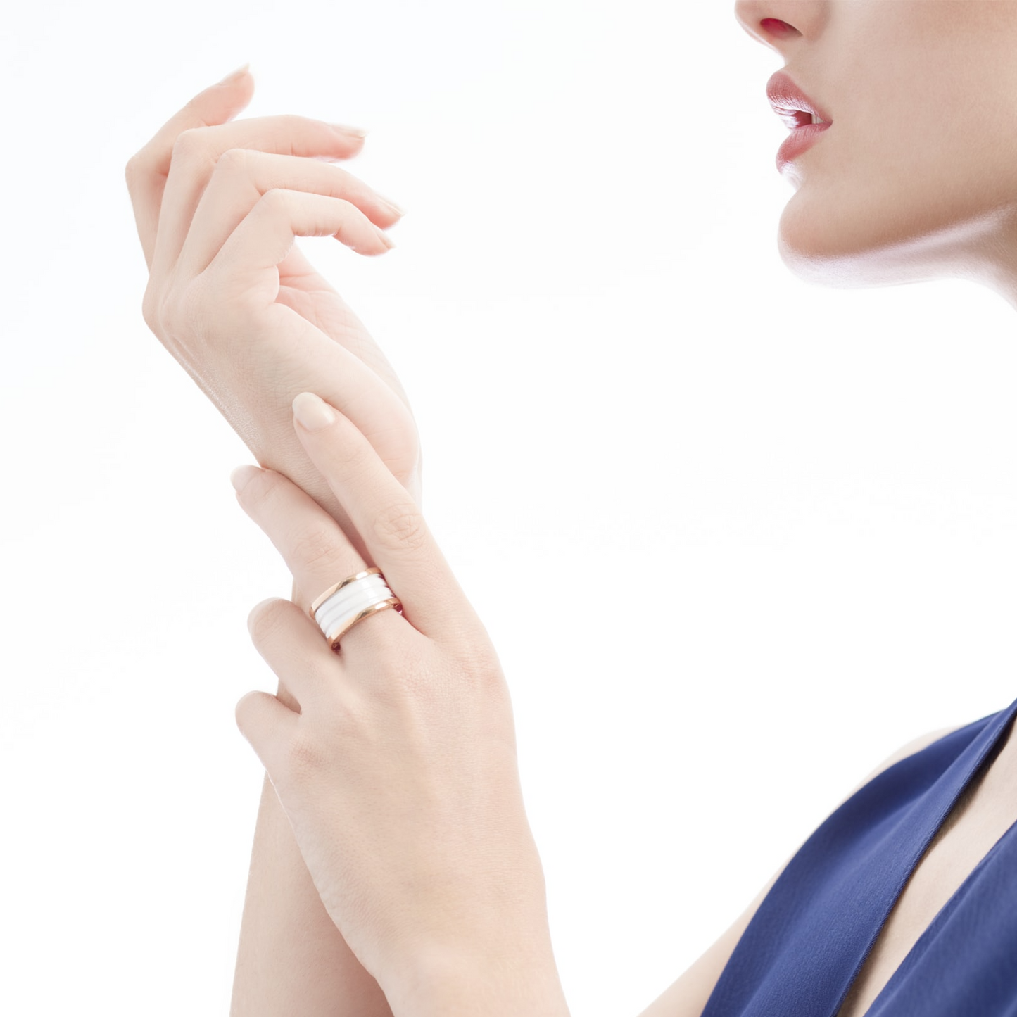 [Shinejoy]ZERO 1 FOUR-BAND LOOPS AND WHITE CERAMIC SPIRAL PINK GOLD RING
