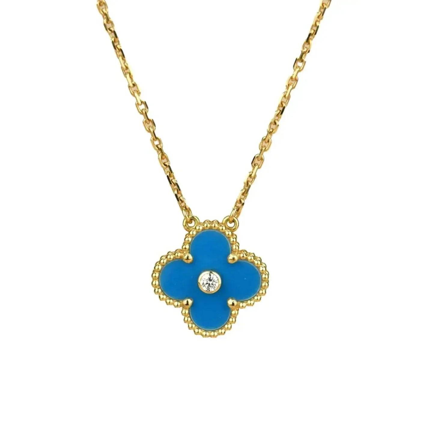 [Shinejoy]CLOVER 15MM DIAMOND AND BLUE AGATE NECKLACE