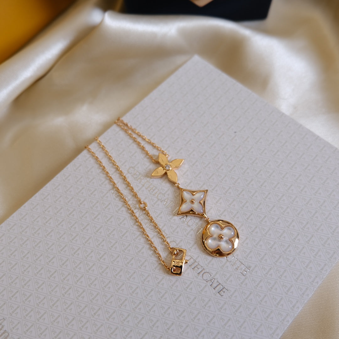 [Shinejoy]COLOR BLOSSOM LARIAT NECKLACE PINK GOLD WHITE MOTHER PEARL AND DIAMOND