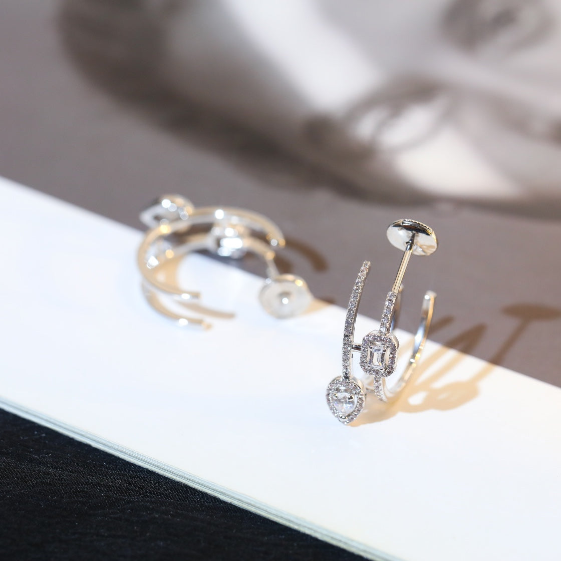 [Shinejoy]CREOLES MY TWIN 2 RANGS SILVER DIAMOND EARRINGS
