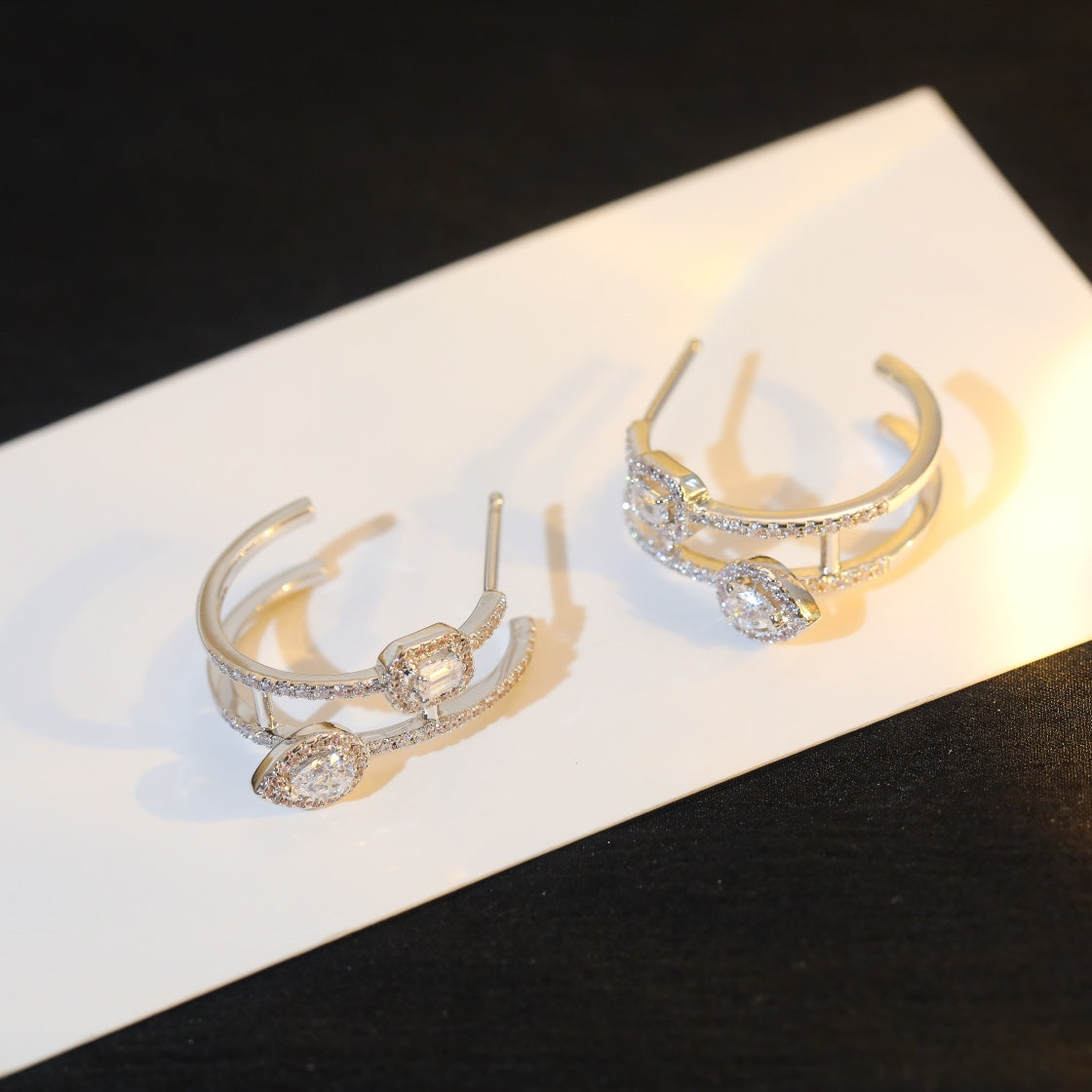 [Shinejoy]CREOLES MY TWIN 2 RANGS SILVER DIAMOND EARRINGS