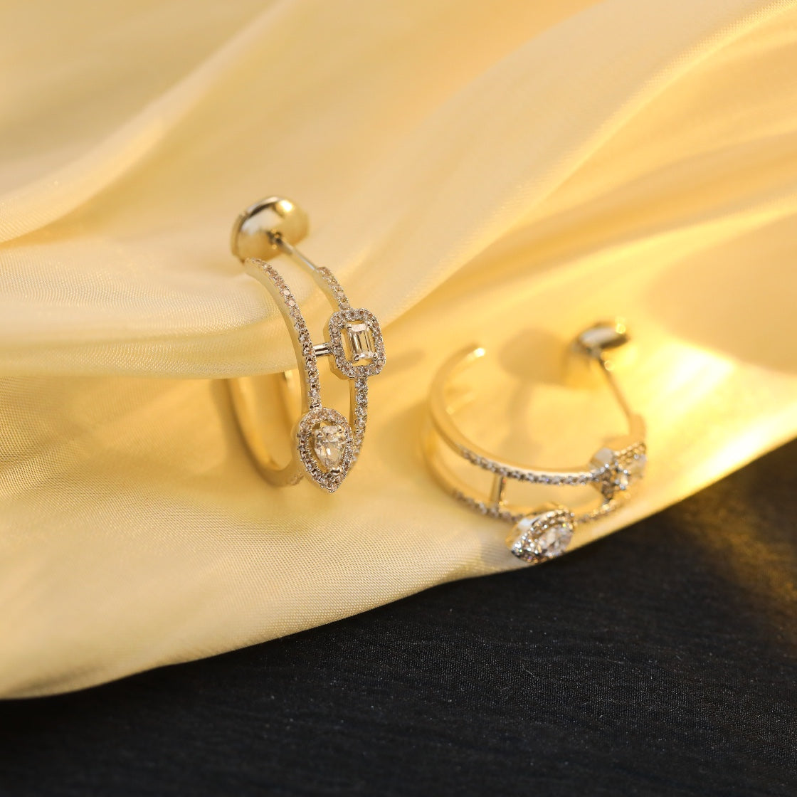 [Shinejoy]CREOLES MY TWIN 2 RANGS SILVER DIAMOND EARRINGS