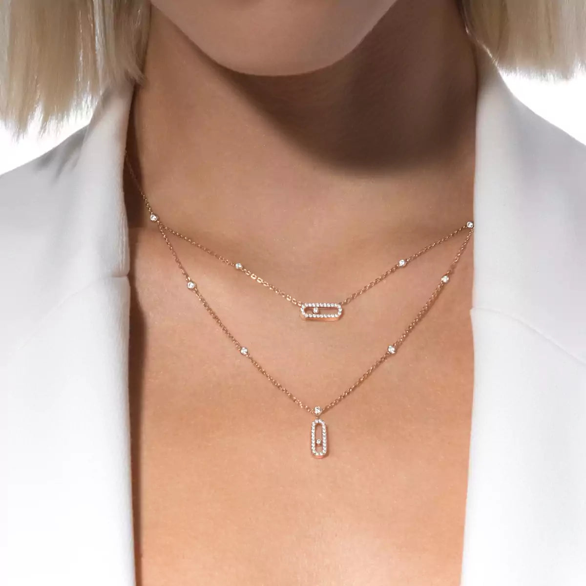 [Shinejoy]2 Rows Rose Gold Diamond Pave_ Necklace Move Uno